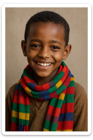 Ethiopian young boy, smiling, wearing a colorful scarf, short hair, simple background sticker