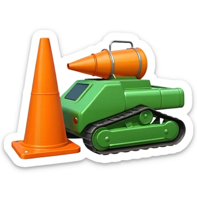 green tank with a traffic cone flattened under its treads, emoji style sticker