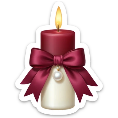 A delicate burgundy candle with a pearl bow, the candle shines radiantly and with a soft glow sticker