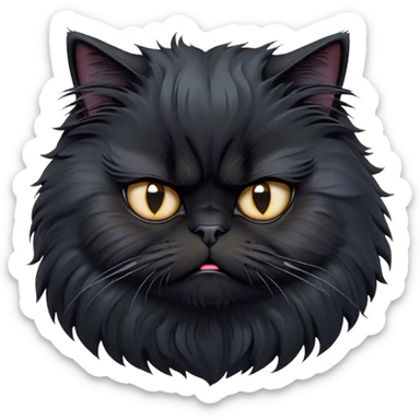 Cinematic Grumpy Frazzled Black Persian Cat Portrait Emoji, Head tilted with an exaggeratedly grumpy expression, fluffy black fur with hints of silver and deep undertones, Simplified yet hilariously frazzled features with large, expressive eyes, highly detailed, glowing with a warm but irritated glow, high shine, a mix of annoyed and disheveled, stylized with a touch of humor, bright but with a completely frazzled and grumpy face, soft glowing outline, capturing the essence of a quirky yet grumpy kitty, so endearing it feels like it could leap out of the screen and demand attention with its wonderfully grumpy, frazzled charm! sticker