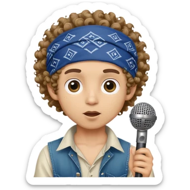 light skin boy with bandana on head and curly hair and HUGE eyes and holding a microphone sticker