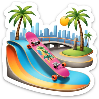 An icon featuring a skateboard resting on a smooth concrete surface. The background shows a sunny skate park with ramps, graffiti walls, and palm trees, creating an urban vibe. The skateboard is designed with vibrant colors and unique graphics. Transparent background  sticker