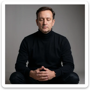 Vertical 2:3 photograph inspired by the reference image, featuring an elegant man in a black sweater, fasting theme. The man is meditating with closed eyes, hands on knees, in a calm environment. Realistic style, clearly conveying the concept of fasting. sticker