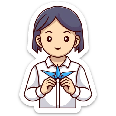 Ukrainian young girl in a white embroidered shirt holds an origami crane sticker