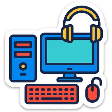windows desktop pc with keyboard, monitor, mouse, and headphones, color outline icon style sticker