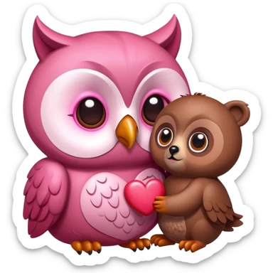 a pink owl in love with a bear, heart eyes, romantic sticker