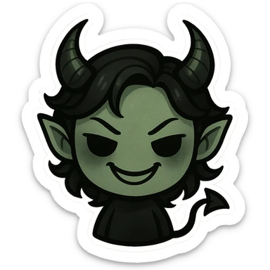 devil emoji in chibi style with gothic palette black and green, elegant horns, sinister smile sticker