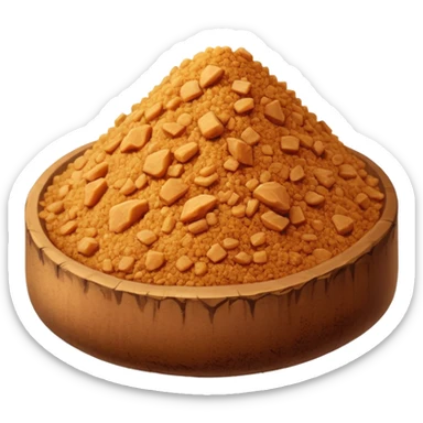 coconut sugar pile, fine to medium golden-brown granules, dry sandy texture, matte, irregular and natural, soft caramel tint, no extras, soft lighting, emoji scale sticker