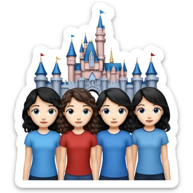 Castillo de Disney y por detrás o delante pon a quatro chicas: una con el pelo largo rizado marrón , otra con el pelo muy corto negro, como un chico, otra con el pelo mediano liso marrón con ojos azulesy otra con el pelo negro largo liso . Todos son color carne.  sticker