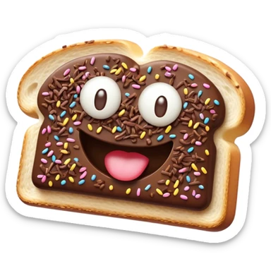 Cinematic Realistic Hagelslag Treat Emoji, depicted as crunchy chocolate sprinkles on buttered bread rendered with vivid textures and playful, inviting lighting. sticker