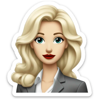Russian Blonde long hair with big red lips small nose and black eyes Tiffany diamond seller in a grey suit sticker