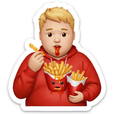 Fat boy, eating fries with ketchup, stains on his face and his sweatshirt sticker