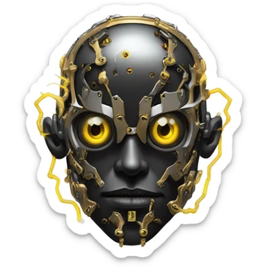 black metal male cyborg head with  one artificial eyeball, circuitry, goatee and dreaded yellow gold hair sticker