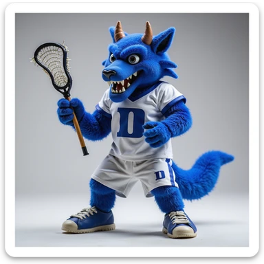 Duke Blue Devil mascot playing lacrosse, realistic style, blue and white uniform, holding a lacrosse stick, dynamic action, detailed and lifelike sticker
