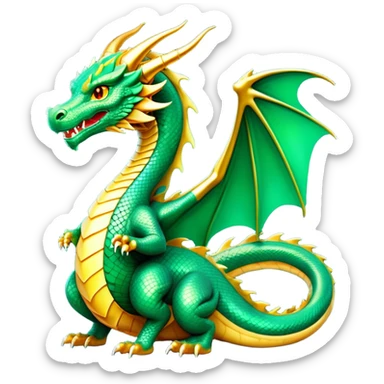cinematic-noble-dragon-full body-emoji,-poised-and-majestic,-with-a-sinuous,-elongated-build-and-shimmering,-scale-covered-skin-in-hues-of-emerald-and-gold,-piercing,-fiery-eyes,-simplified-yet-sharp-and-sophisticated-features,-highly-detailed, zoomed out showing the serpentine body sticker