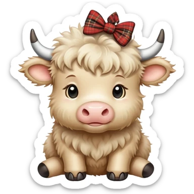 Beige fluffy baby scottish cow with a small bow on head sticker