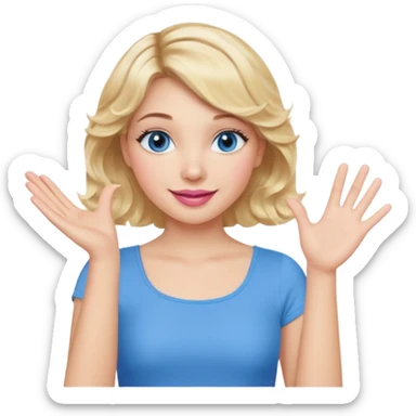 Girl Blonde short wavy hair,  blue eyes, cute blue top, long lashes, pink lips, smiling, one hand palm up sticker