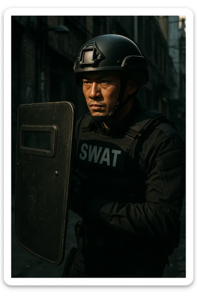 Asian SWAT officer, armored vest, helmet, holding shield, ready for action, gritty atmosphere sticker
