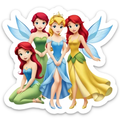 four minimal Disney princesses in one image: Belle with yellow dress, Tinkerbell with wings, Ariel with red hair and tail, Cinderella with blue dress sticker