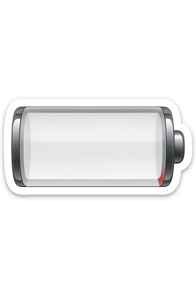 iPhone-style emoji of a battery that is almost empty, with a small red bar at the end indicating low energy. Clean, minimal, glossy look, transparent background. sticker
