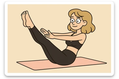 dirty blonde girl with black leggings and black bra doing pilates, sitting pose, flat toon style sticker