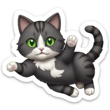 solid dark grey cat with green eyes, white toes/paws and white patch on her chest playfully rolling upside down sticker