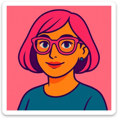 Make her look younger, no fringe on the pink bob haircut, add pink glasses and blue eyes, keep pink salt background, vibrant toon style sticker