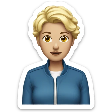 Woman with volumous short blonde hair and blue jacket sticker