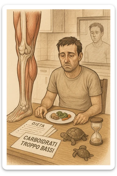 illustrazione anatomica di gamba più Uomo sui 35 anni in cucina, con espressione affaticata e spenta, guarda un piatto con pochissimi carboidrati (solo qualche verdura e proteine). Accanto a lui, fogli con una dieta rigida e una scritta visibile: 'Carboidrati troppo bassi'. Il suo corpo appare bloccato, senza definizione, con uno specchio alle spalle che riflette una figura stanca e senza progressi. Sul tavolo ci sono simboli che richiamano il metabolismo rallentato: una tartaruga, una clessidra ferma.corta o inibita sticker