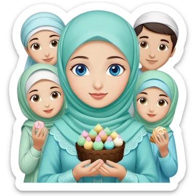 Turkish beautiful finish Konya girl blue eyes with mint hijab islamic dress and had on her hand sweets and celebrating with her friends eid days   sticker