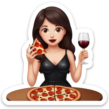 Beautiful woman in 1950’s woman fashion look, black shimmery dress, long dark brown hair, red wine, Pepperoni pizza sticker