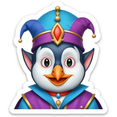 crazy colorful cute penguin jolly joker, medieval, vintage, court jester, mac os icon, blue color sticker