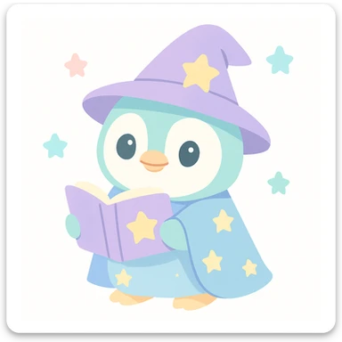charming penguin wizard holding a spellbook, wearing a starry robe, fantasy style, cute sticker