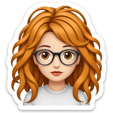 Uma garota de cabelos cacheados compridos e mechas loiras, com pele morena clara e óculos sticker