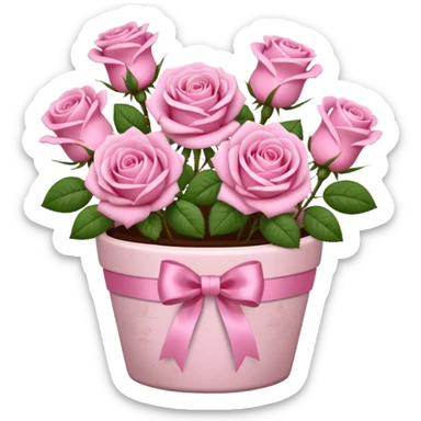 Flower pot with pink roses and ribbon sticker