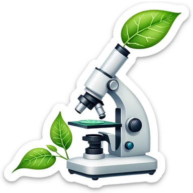 An icon featuring a DNA strand, a microscope with visible cells, and a green leaf, symbolizing biology. The design includes animal cells, plant structures, representing the study of living organisms and ecosystems. Transparent background highlights life sciences and biological research. sticker