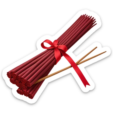 A bundle of incense sticks wrapped with a Persian red ribbon, exuding a vintage glamour aesthetic. The rich, deep red hue contrasts elegantly with the natural texture of the incense. Soft lighting enhances the luxurious and nostalgic feel of the composition. sticker