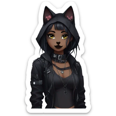 Gorgeous gothic dark techwear cyberpunk anime style sona anthro cat, aesthetic, and pretty edgy black with collar and harness, trending style sticker