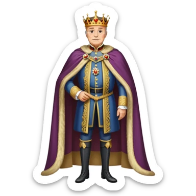 Full body of elderly, thin Carlos I of Spain with brown hair, Habsburg king standing in royal attire with crown, cape, and prominent jaw sticker