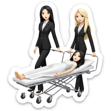 Two woman in black pants suits. One has long black hair and one has long blond hair. They are pushing a stretcher with a dead body on it that is covered in white sheets sticker