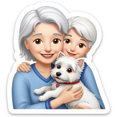 one silver-haired 60-ish lady smiling and hugging ONE westie dog sticker