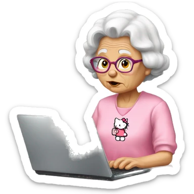 Old lady wearing a hello kitty shirt trying to work a PC sticker