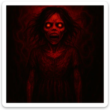 Change the color scheme to red and black with intense red lighting and shadows, using a horror palette. Keep all other details unchanged. sticker