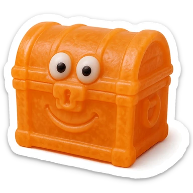 hyper-detailed retro 90's toy style bright orange semi-transparent soft plastic treasure chest with derpy eyes soft reflections soft and squishy some cloudiness not shiny highly detailed appealing no tag no background sticker