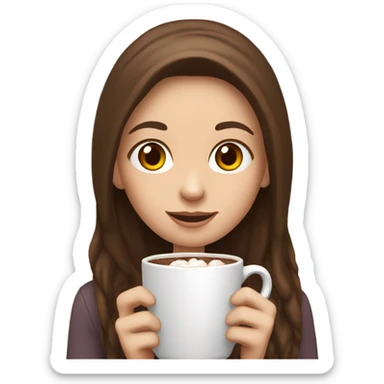 white girl with brown long hair and a hot chocolate sticker