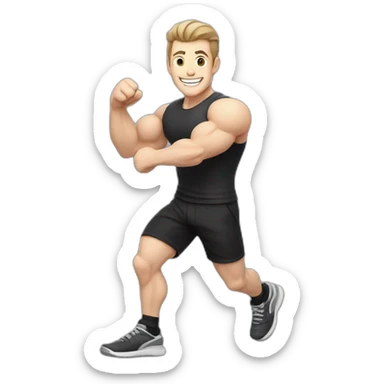 Joyful Celebrating victory Pale skinned Fit Man With the biceps and dark brown hair in black shirt, gray sports shorts and white Sneakers sticker