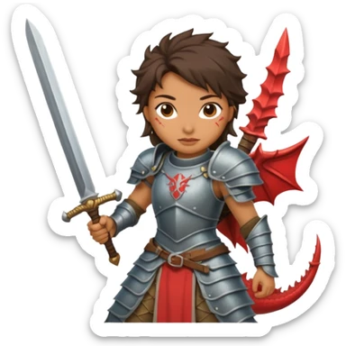 Fierce Latina in armor with a sword after a battle cutting off the head of a dragon sticker