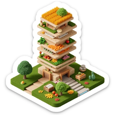 Exterior view of a futuristic skyscraper farm with stacked layers of wheat fields and vegetables, sleek building shaped like a vertical cookie factory, surreal architecture blending nature and structure, glowing irrigation channels, emoji-style sticker