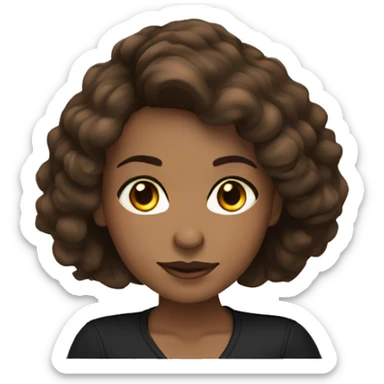 woman light skin long dark brown hair with laptop, brown eyes, black long sleeve  sticker