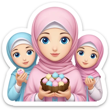 Turkish beautiful finish Konya girl blue eyes with pastel sakura hijab islamic dress and had on her hand text Eid Mubarak with sweets and celebrating with her friends eid days   sticker